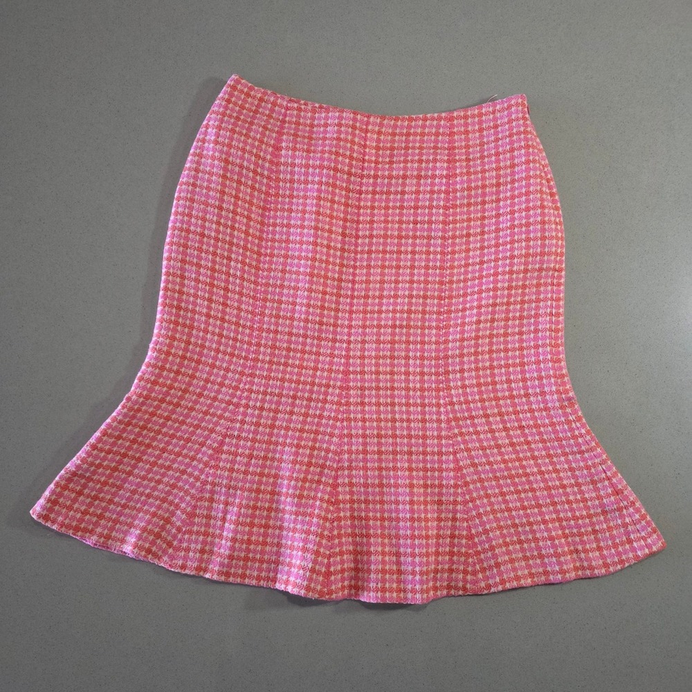 Ann Taylor Pink Orange Houndstooth Tweed Flounce Hem Skirt Size 8